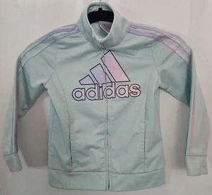 Adidas Track Jacket Full Zip Girls Size 7 Mint Green Pastel Front Logo Pockets - Picture 1 of 13