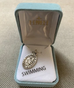 14K Solid White Gold Saint Sebastian Swimming Sports Athlete Medal 2 Inch 2” New - Picture 1 of 4