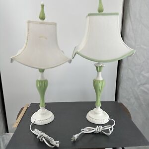 Children’s Wooden Bedroom Lamps Olive Green & White With Shades