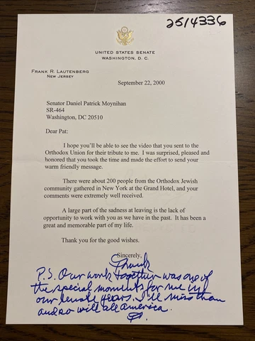 Senator Frank Lautenberg 2000 Typed Letter Signed -To NY Senator Daniel Moynihan Cover