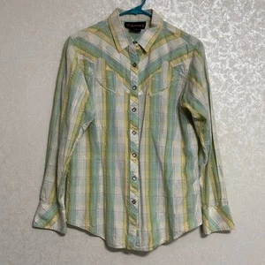 Ariat Cowgirl Western Pastel Plaid Sparkle Pearl Snap Long Sleeve Shirt Top Sz L - Picture 1 of 8