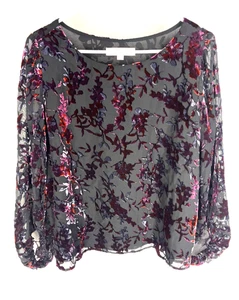 Top ANN TAYLOR LOFT XLP floreale trasparente velluto civetta Y2K blusa vamp goth NUOVO - Foto 1 di 6