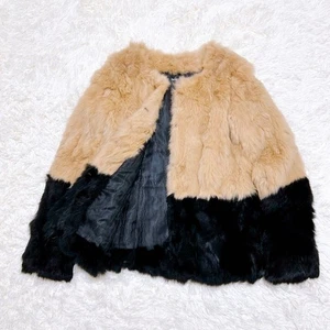 Soft Rabbit Fur Coat Beige Black Bicolor Open Front Smooth Lining Women S US S - Picture 1 of 24