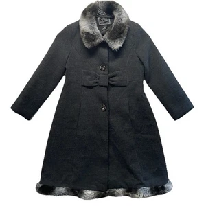 Rothschild Princess Pea Coat Faux Fur Collar Girls 6X Gray Bow Polyester Blend - Picture 1 of 10
