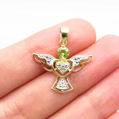 925 Sterling Silver Gold Plated Real White Diamond & Peridot Gem Angel Pendant - Image 1 of 4