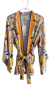 NWT ZARA Women’s Kimono Short Belted Lilac Satin Paisley Printed Multicolored - Picture 1 of 10