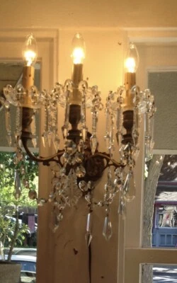 Antique French Bronze Wall Lamp Sconces With Crystal Prism Drops - STUNNING - Image 1 of 4