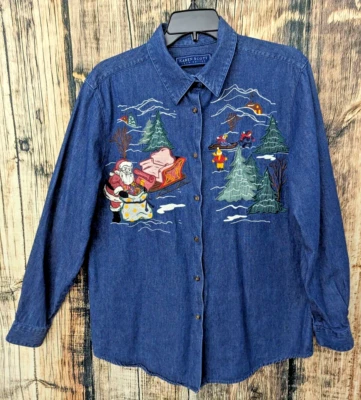 Vintage Denim Christmas Shirt Womans Medium Santa Claus Embroidered Blue Jean - Image 1 of 4