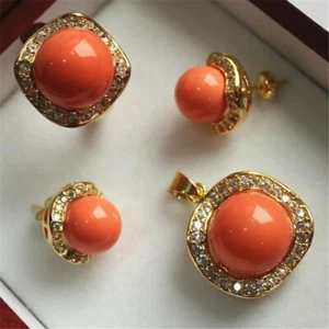Elegant Women Wedding Shell Pearl Pendant Earrings Necklace Sets 18K Gold Plated - Picture 1 of 25