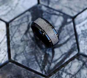 Tungsten Spinner Fingerprint Bereavement Widow Sorrow Remembrance Ring - 8mm - Picture 1 of 3