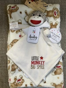 BABY STARTERS BLANKET & SOCK MONKEY SECURITY LITTLE MONKEY BIG SMILE LOT 2 CREA - Picture 1 of 7