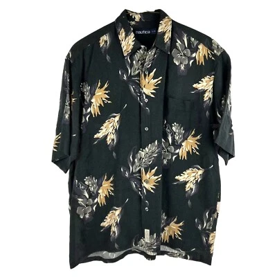 Nautica Hawaiian Shirt Black with Tropical Blossoms Adult Mens Size Large - Image 1 of 4