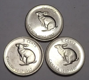 1967 Canada 5 cents Coins, 3 coin lot, Canadian nickel, hare - Picture 1 of 2