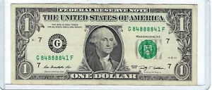 Fantastico numero di serie 1 banconota da un dollaro 2009 TRINARY 5 di un tipo 8s G84888841F - Foto 1 di 3