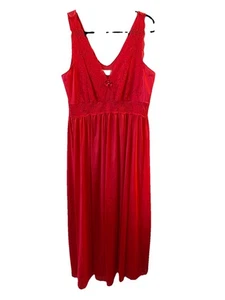 Shadowline Nightgown 1X Red Lace Trim Bodice Silky Nylon Sexy Negligee Gown - Picture 1 of 10