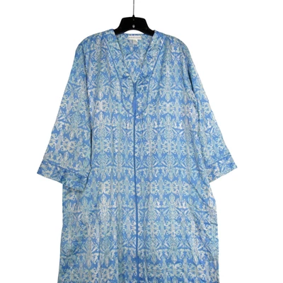 DE COLECCIÓN MISS ELAINE Azul PATRÓN DAMASCO Cremallera/Bolsillos BATA DE SALÓN VESTIDO CAFTÁN Talla L Foto 1 de 4