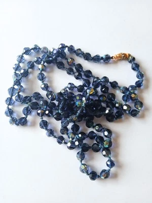 Collier ancien en perles de verre bleues à facette - Très long 130 cm - Photo 1/4