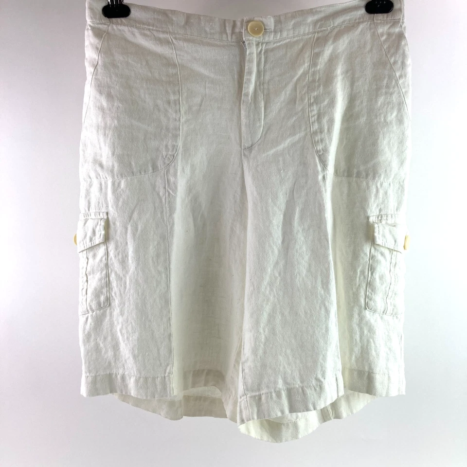 Pantalones Cortos de Lino FLAX Designs Carga Blanco Sólido Cierre de Botones Cintura Elástica Medianos Foto 1 de 4