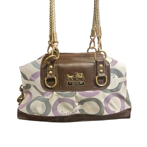 Coach Signature C Monogram Satchel Handbag Purple Grey Brown Leather Trim - Picture 1 of 12
