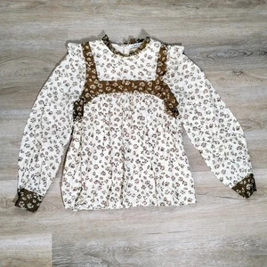 In Loom Ruffle Blouse M Fall Brown Floral Peasant Cottagecore Western Prairie - Picture 1 of 9