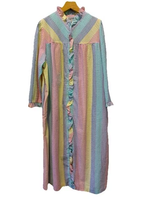 Vintage Saybury Nightgown 2X Rainbow Stripe Long Sleeve Cotton Seersucker Ruffle - Image 1 of 4