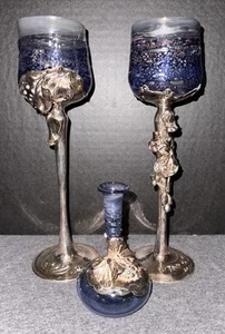 Vintage King Solomon Finds Israel Blown Blue Glass & Silver Vase Floral Grapes - Picture 1 of 20