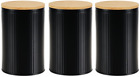 Set of 3 Round Tea, Coffee & Sugar Storage Canisters with Bamboo Lids - Black