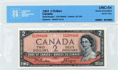 1954 $2 DEVIL'S FACE Bank of Canada BC-30b, CCCS Choice UNC64 - Image 1 of 2