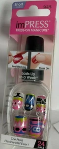Impress Gel Manicure Press on Nails Short Geometric purple blue pink black - Picture 1 of 2