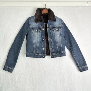 Theory Ethel B Blue Jean Jacket Dark Brown Rabbit  Liner Removable S - Picture 1 of 14