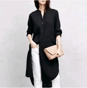 Eileen Fisher Organic Cotton Mandarin Collar Shirt Dress in Black - PS $278 - Picture 1 of 8