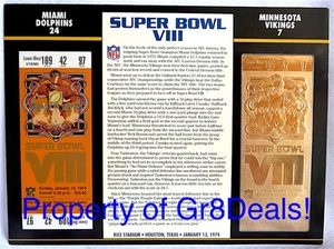 SUPER BOWL 8 ~ DOLPHINS vs VIKINGS NFL 22 KT GOLD SB VIII TICKET Willabee & Ward - Picture 1 of 1