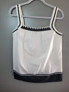 Tommy Hilfiger Sleeveless Top Women Sz M Ivory Black Embroidered Geometric Neck - Picture 1 of 6