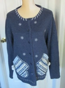 Classic Elements Winter Silver/Pearl Beading Cardigan Blue Sweater sz L - Picture 1 of 4