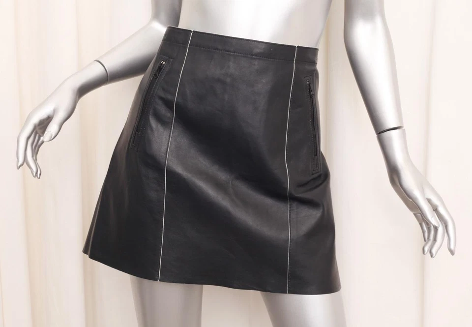 Vince Black Leather White Trim Front Pocket Pencil Mini Skirt Size 4