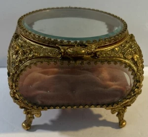 Antique Victorian Filigree Ormolu Beveled Glass Jewelry Casket Box 5x5x4” Pink - Picture 1 of 10