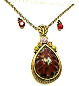 Vint. LIZ CLAIBORNE Red Glass Pendant Necklace & Earrings Bronze Tone NICE GIFT - Picture 1 of 5