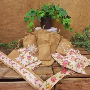 Hessian Jute Floral Rose Cotton Linen Sacks Party Bag Gift Pouch Wedding Favours - Picture 1 of 28