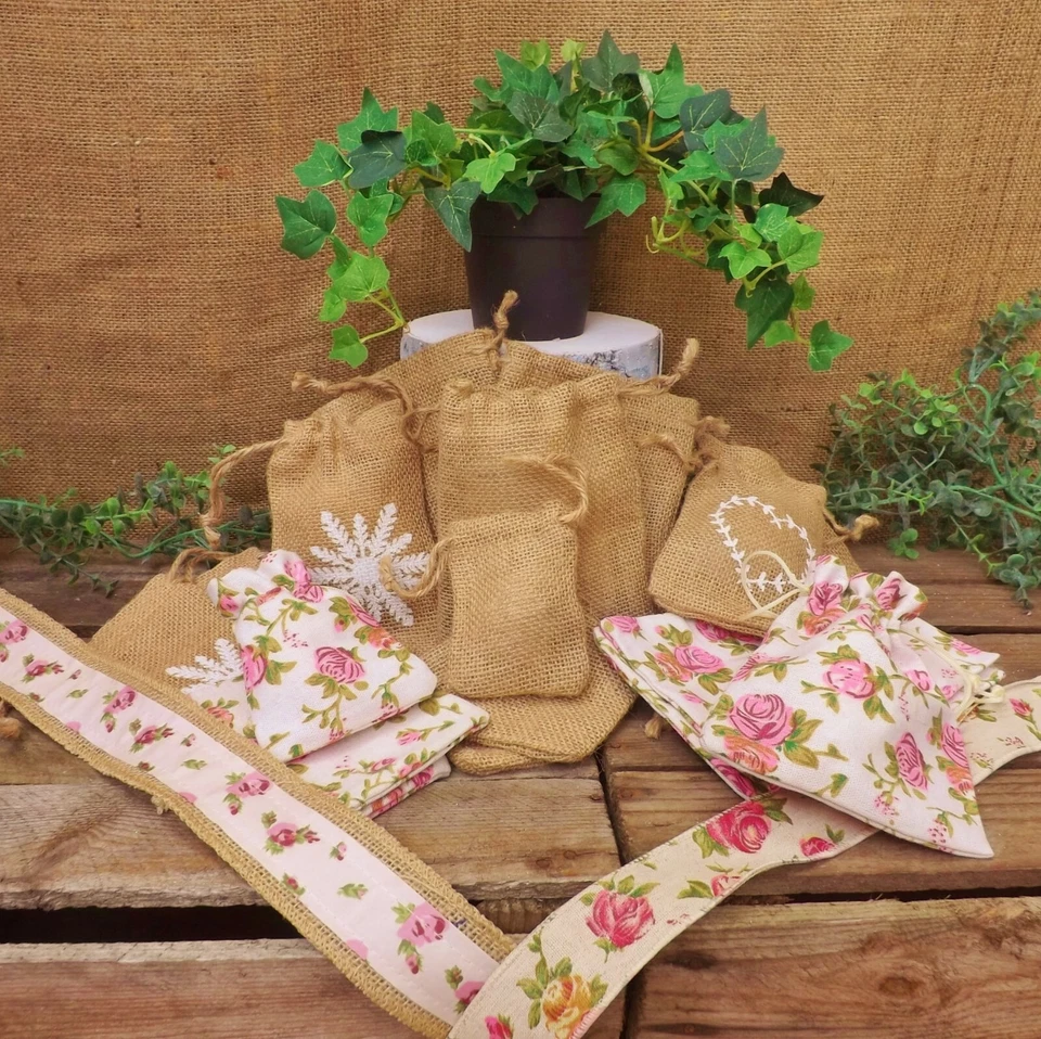 Hessian Jute Floral Rose Cotton Linen Sacks Party Bag Gift Pouch Wedding Favours - Image 1 of 4