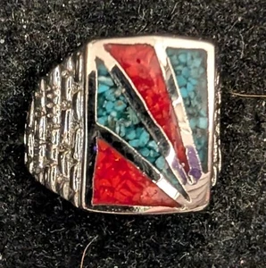 Anillo Vintage Turquesa y Coral Sun Burst Níquel Plata Talla 10 Relleno de Resina - Imagen 1 de 4