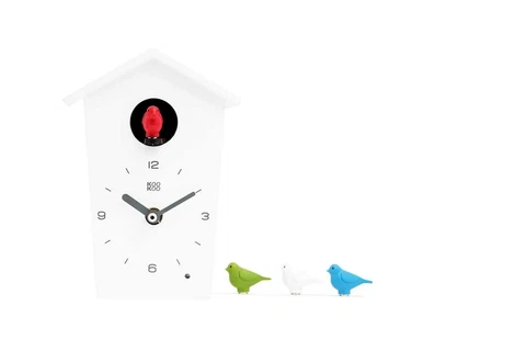 KOOKOO Birdhouse Mini White, Tiny Modern Cuckoo Clock with 12 Natural Bird So Cover