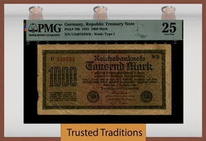 TT PK 76b 1922 GERMANY, REPUBLIC TREASURY NOTE 1000 MARK PMG 25 VERY FINE - Picture 1 of 2
