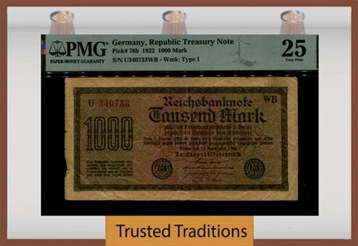 TT PK 76b 1922 GERMANY, REPUBLIC TREASURY NOTE 1000 MARK PMG 25 VERY FINE - Image 1 of 2