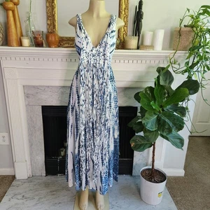 Michael Kors blau weiß Batik Tank Kleid Maxi Fransen Boho Sommer Gr. XXS - Bild 1 von 15
