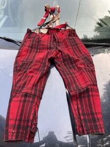 VTG Soo Woolen Mills Sz 40 Red/Black Buffalo Plaid Hunting Pants W Suspenders - Picture 1 of 11
