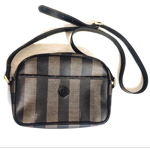 Borsa a tracolla FENDI vintage Pecan righe beige nera rivestita tela pelle usata
