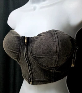 Corsé Bustier Negro Denim Sin Tirantes Top Acolchado Cosido Cremallera Pecho Para Mujer PEQUEÑO - Imagen 1 de 15