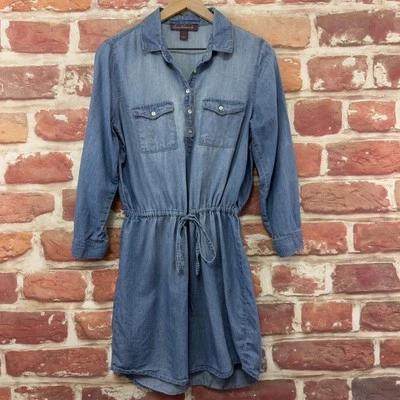 Vestido Gloria Vanderbilt Mujer Pequeño Azul Cambray Denim Informal Corbata Cintura Foto 1 de 4