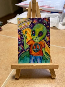 ACEO Original Kunst Gemälde Miniatur Karte OOAK Mini ATC Lisa Frank Alien #242 - Bild 1 von 1