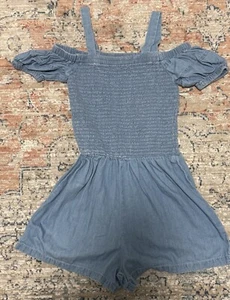 BeBe Girls Denim Chambray Romper Jumper Youth Sz 14 Stretch Top Ruffles Shorts - Picture 1 of 2